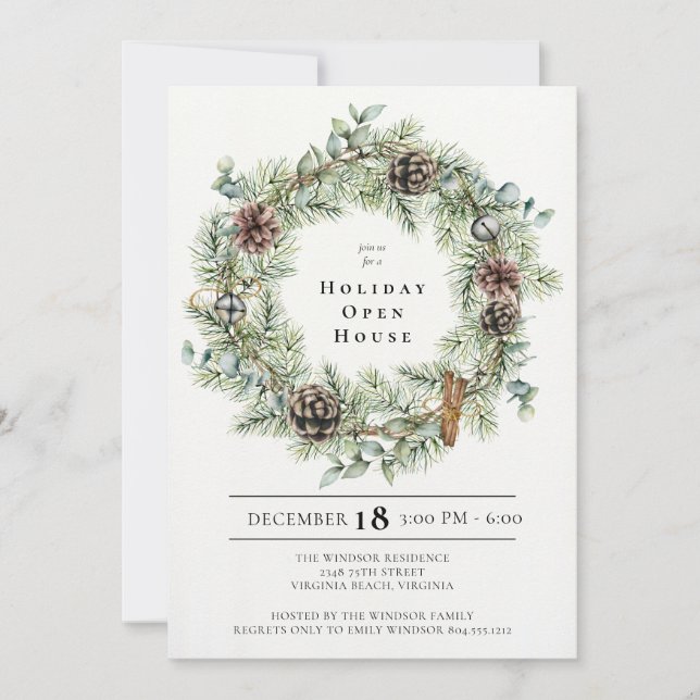 Invitation Festive Natural Wreath Holiday Open House Invitati (Devant)