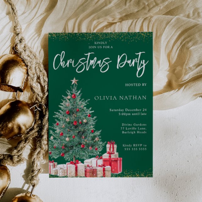 Invitation Festive Noël Arbre & Cadeaux Green Christmas Party (Créateur téléchargé)