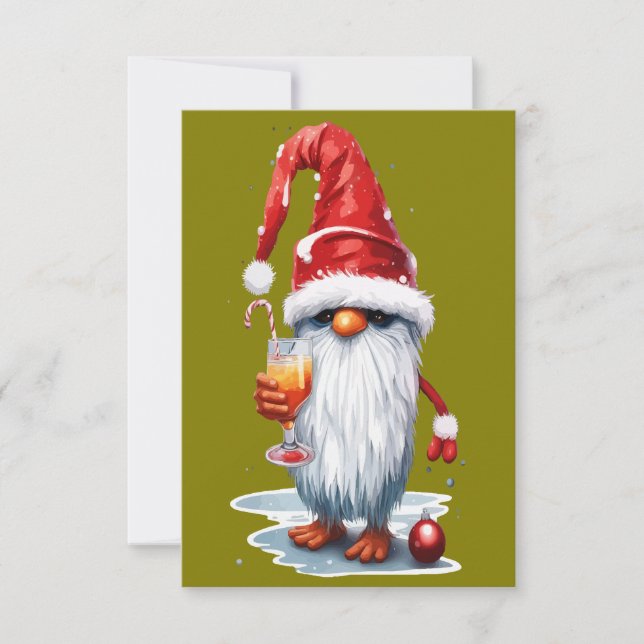 Invitation Festive Noël Gnome Gonk tenant un verre (Devant)