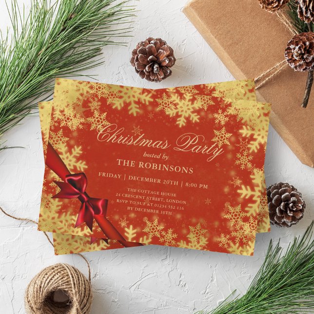 Invitation Festive Noël Gold & Red Ribbon (Festive Holiday Christmas Gold & Red Ribbon Invitation)