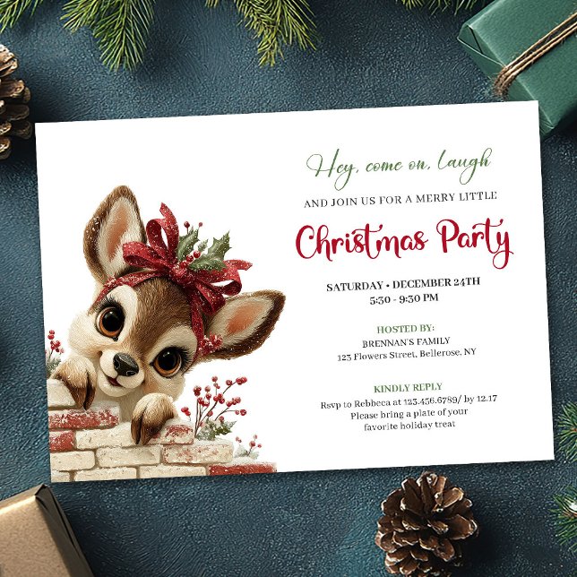 Invitation Festive peeking reindeer kids Christmas party  (Festive peeking reindeer kids Christmas party design)