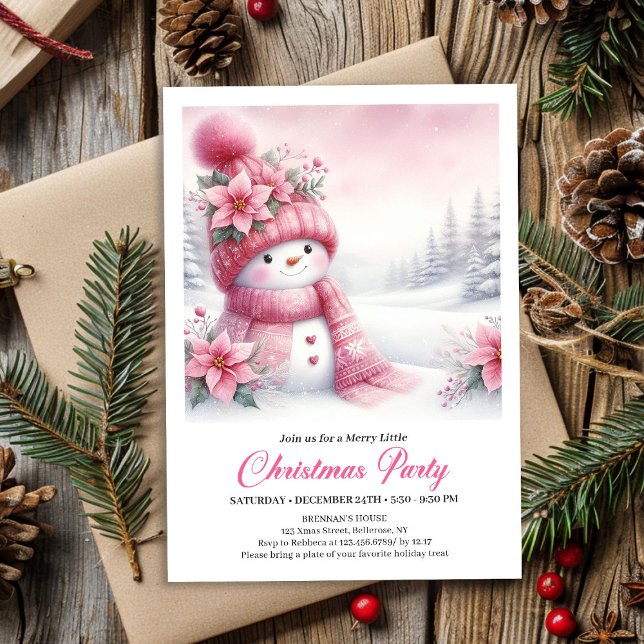 Invitation Festive Pink Snowman Kids Christmas Invite Digital (Festive Pink Snowman Kids Christmas Invite Editable File)
