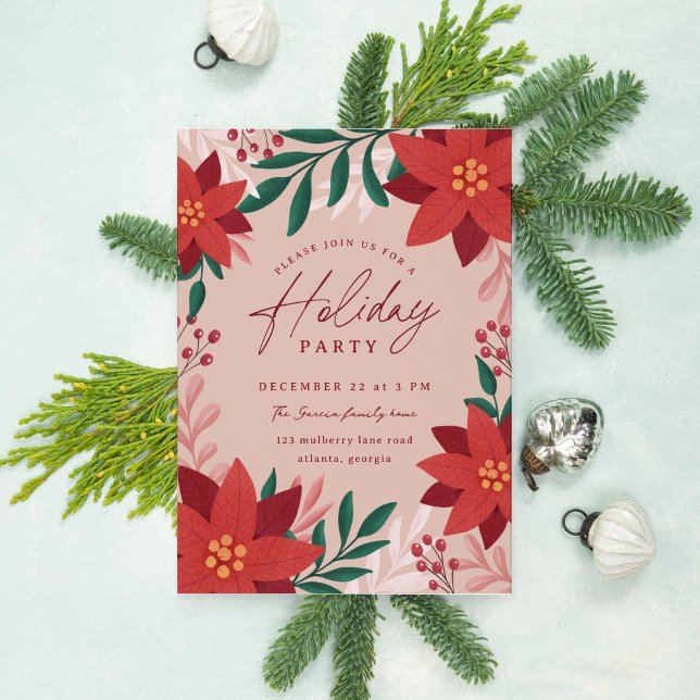 Invitation Festive Poinsettia Fleurs Fêtes Fête (beige holiday party invitation with elegant botanicals and foliage)