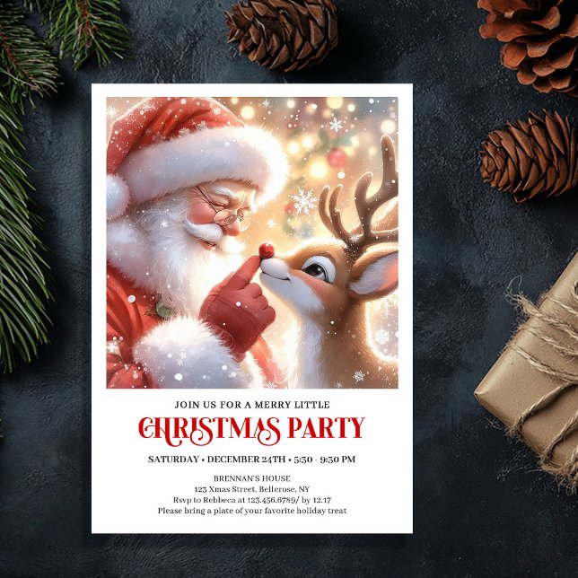 Invitation festive pour une soirée de Noël avec le (Cute Santa and Rudolph Holiday Party Invitation)