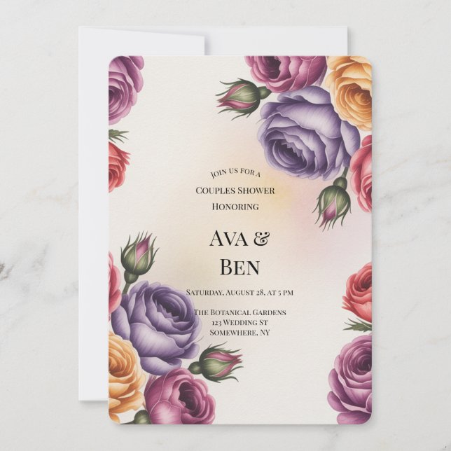 Invitation Festive Purple Orange and Red Roses Couples Shower (Devant)