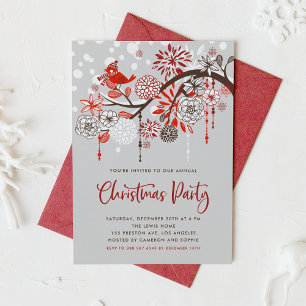 Invitation Festive Red Bird and Flowers Noël Party