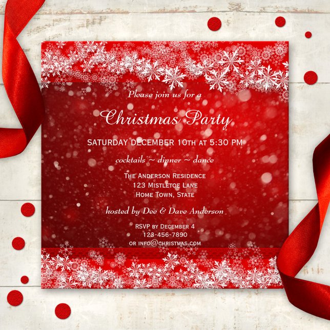 Invitation Festive Red Christmas Party (A modern Christmas party invitation in red with elegant snow crystals and snow flakes)