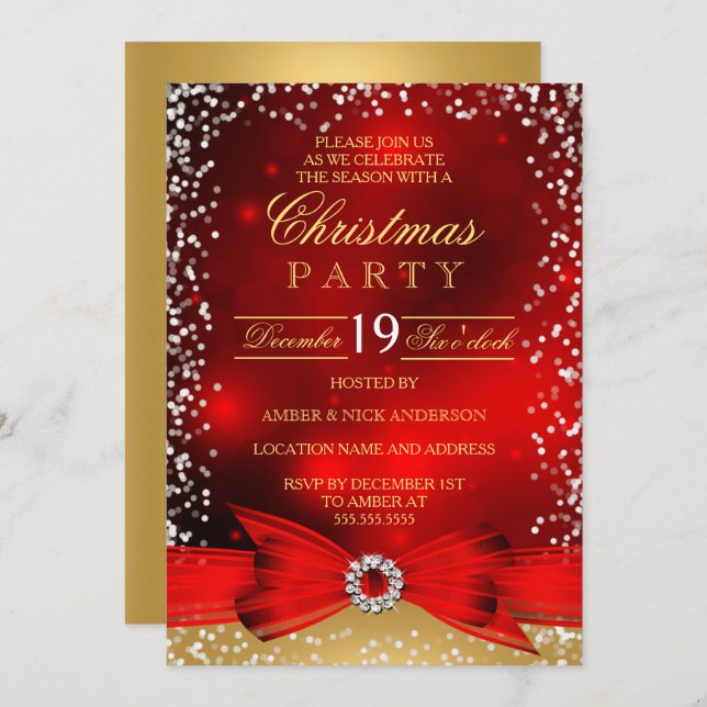 Invitation Festive Red Gold Bow Christmas Party (Devant / Derrière)