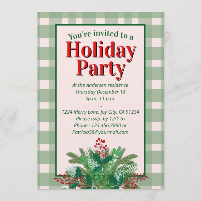 Invitation Festive red  & green plaid holiday party (Devant)