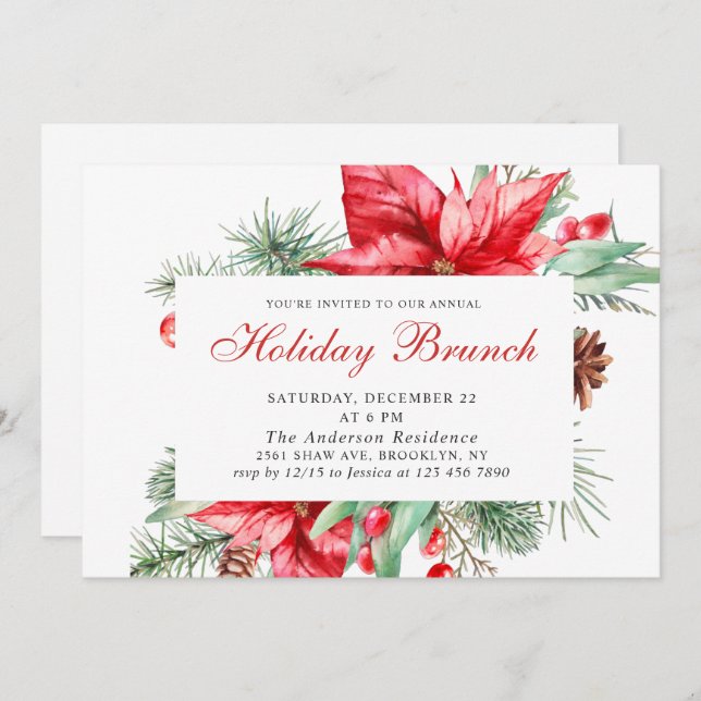 Invitation Festive Red Poinsettia Noël VACANCES BRUNCH (Devant / Derrière)