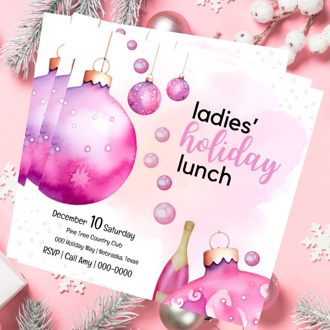 Invitation Festive Rose Ornaments Dames Brunch de Noël (Ladies Holiday lunch in pink for your festive brunch gatherings.  Invite is fully customizable. )
