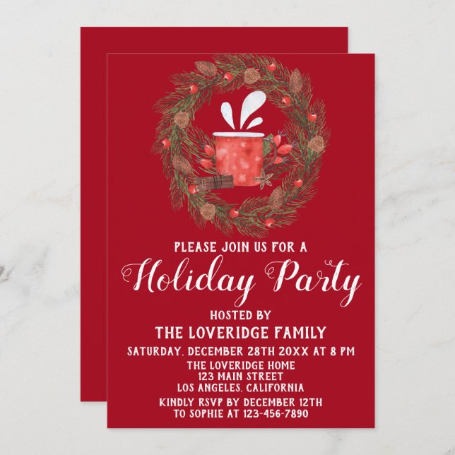 Invitation Festive Rouge & Vert Noël Wreath Fête de Noël (Devant / Derrière)