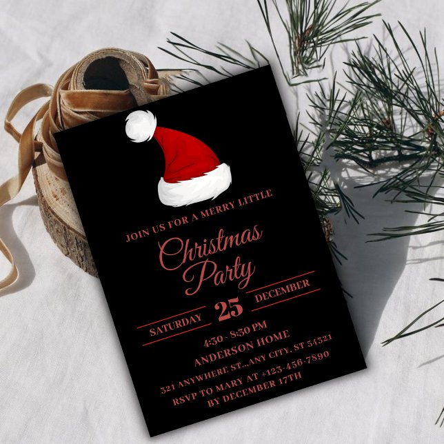 Invitation Festive Santa Hat, Fête de Noël rouge noir (Créateur téléchargé)