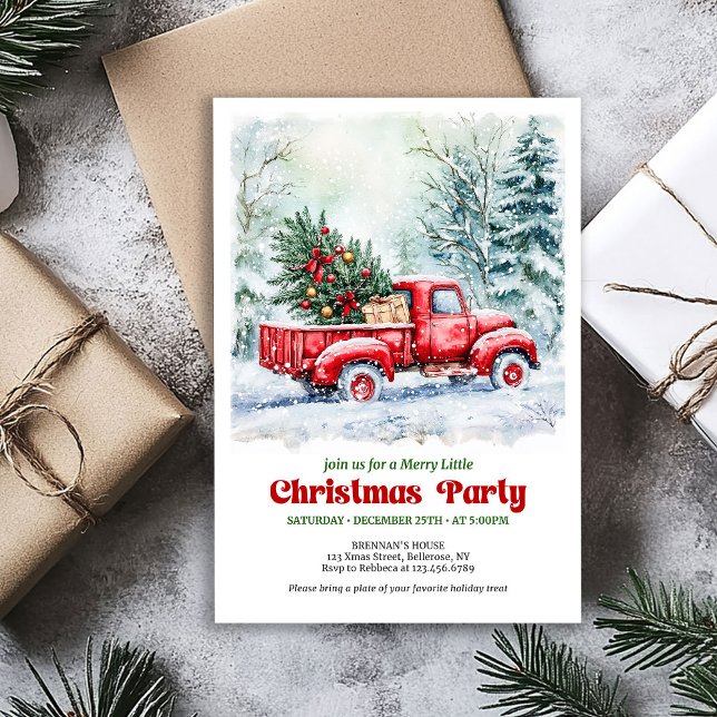 Invitation festive scène de Noël avec un camion ro (Cozy red truck Christmas scene festive invitation)