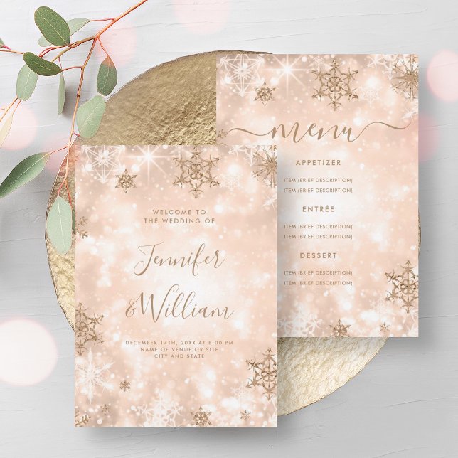 Invitation Festive Sparkle Rose Gold Winter Wedding Menu (Festive Sparkle Rose Gold Winter Wedding Menu Invitation)