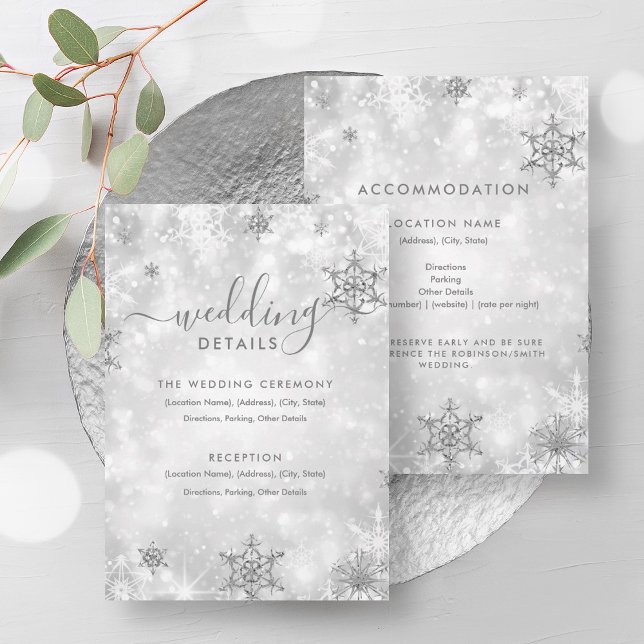 Invitation Festive Sparkle Silver Winter Wedding Détails Cart (Festive Sparkle Silver Winter Wedding Details Card)