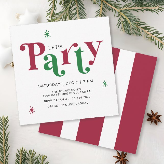 Invitation Festive Typography Let's Party Fun Holiday (Available in both printed and instant download digital formats.)