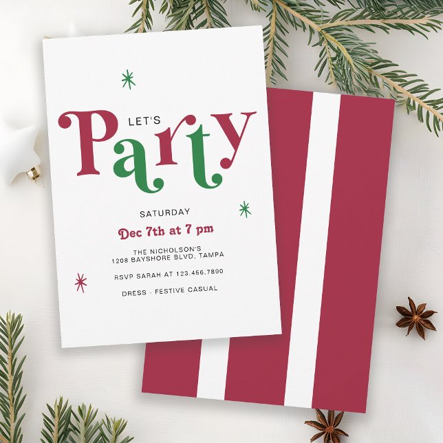 Invitation Festive Typography Let's Party Whimsical Holiday (Available in both printed and instant download digital formats.)