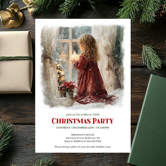 Invitation Festive Victorian Little Girl Awaiting Santa  (Festive Victorian Little Girl Awaiting Santa Editable Invite)