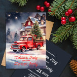 Invitation Festive Vintage de vacances Scène de Noël<br><div class="desc">Voici notre invitation à la fête de Noël, un chef-d'oeuvre visuel qui incarne l'esprit joyeux de la saison des Fêtes à travers l'aquarelle complexe. Cette invitation met en valeur une scène de vacances enchanteresse, méticuleusement confectionnée avec des traits délicats d'aquarelle. Un pick-up rouge vintage occupe le devant de la scène,...</div>