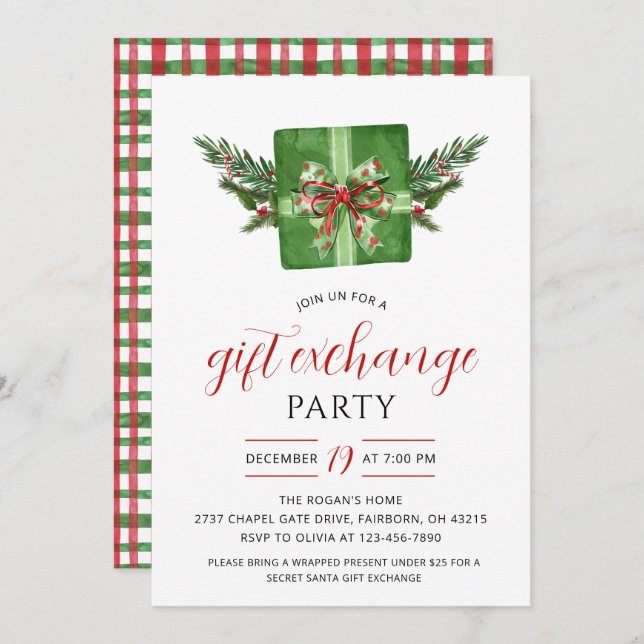 Invitation Festive Watercolor Gift Exchange Christmas Party (Devant / Derrière)