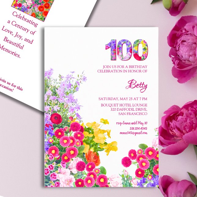 Invitation Fête 100e anniversaire fleurs florales moderne 100 (Créateur téléchargé)