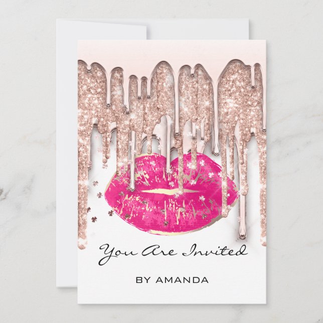 Invitation Fête 16e Rouge Kiss Lips Rose Parties scintillant  (Devant)