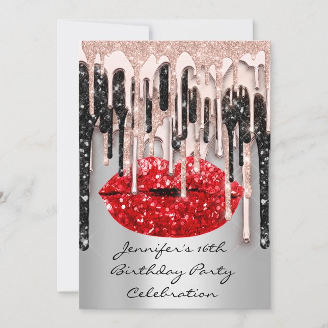 Invitation Fête 16ème Lèvres Rouges Baiser Rose Paillettes Br (Devant)