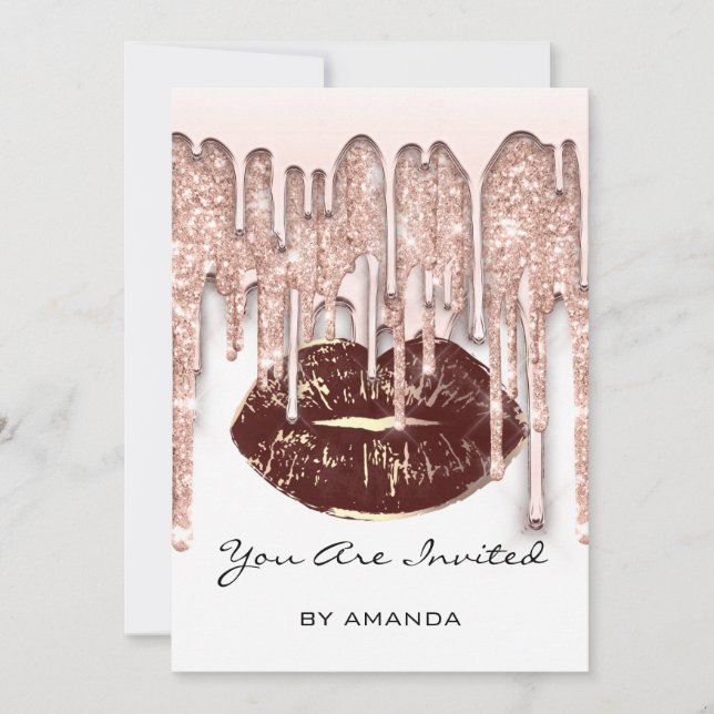 Invitation Fête 16ème Rouge Baiser Lèvres Rose Paillettes Bla (Devant)