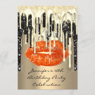 Invitation Fête 16th Lips Kiss Black Coral Parties scintillan