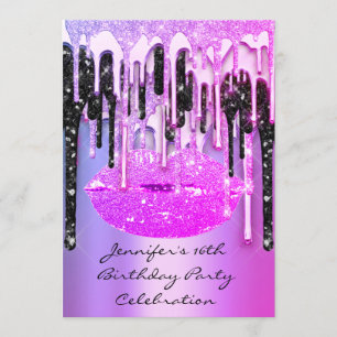 Invitation Fête 16th Lips Kiss Black Pinky Parties scintillan