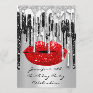 Invitation Fête 16th Lips Kiss Black Red Parties scintillant