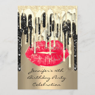 Invitation Fête 16th Lips Kiss Black Red Parties scintillant