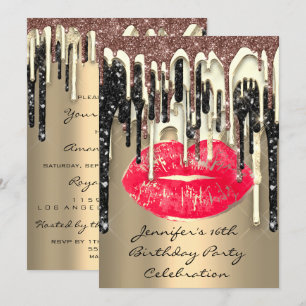Invitation Fête 16th Lips Kiss Brown Red Parties scintillant 