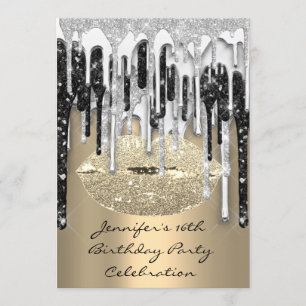 Invitation Fête 16th Lips Kiss Gold Silver Parties scintillan
