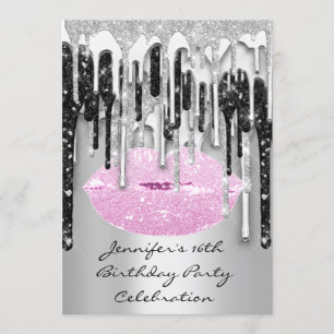 Invitation Fête 16th Lips Kiss noir rose Parties scintillant 