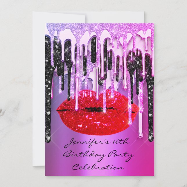 Invitation Fête 16th Lips Kiss noir rose Parties scintillant  (Devant)
