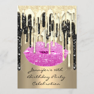 Invitation Fête 16th Lips Kiss noir rose Parties scintillant