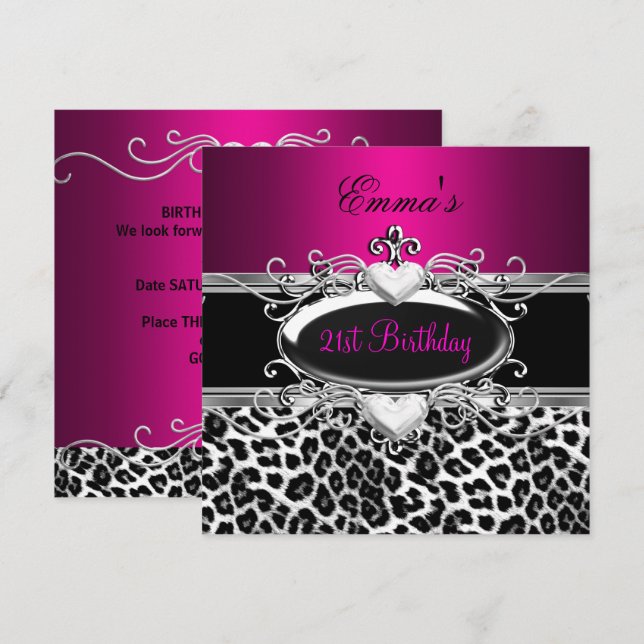 Invitation Fête 21e argent rose noir blanc léopard (Devant / Derrière)