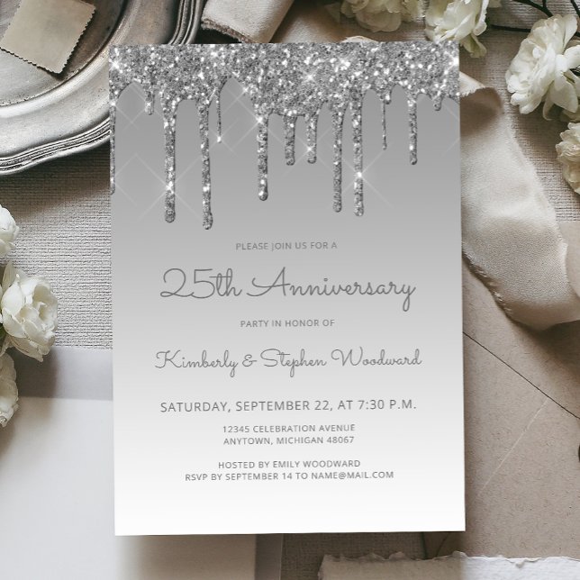 Invitation Fête 25e Anniversaire de Mariage Glam Glitter Drip (Créateur téléchargé)
