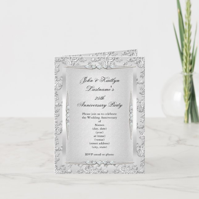 Invitation Fête 25e Anniversaire Rose Damask Silver White 2 (Devant)
