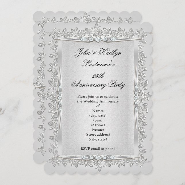 Invitation Fête 25e Anniversaire Rose Damask Silver White 2 (Devant / Derrière)