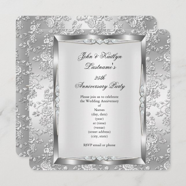 Invitation Fête 25e Anniversaire Rose Damassée Argent Blanc 4 (Devant / Derrière)