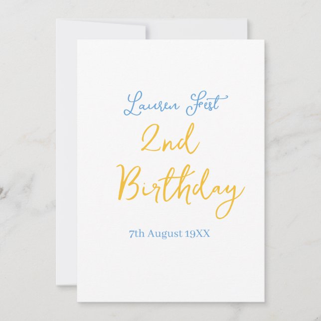 Invitation fête 2e anniversaire nom date jaune bleu boho enfa (Devant)