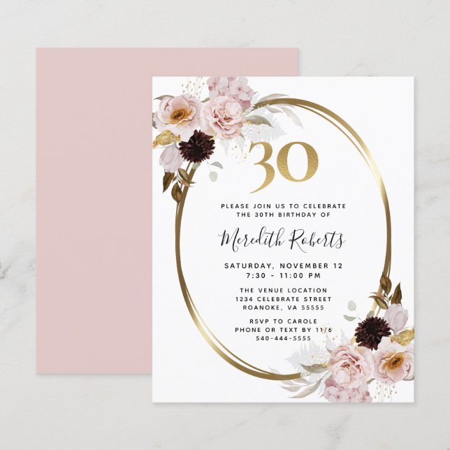 Invitation fête 30 ans budget rose gold (Devant / Derrière)