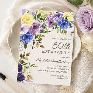Invitation Fête 30 ans Fleurs Aquarelle Jaune Viol