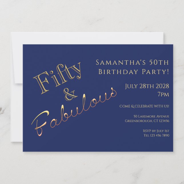 Invitation fête 50 ans bleu marine or (Devant)