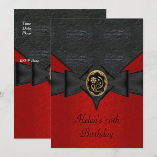 Invitation Fête 50 ans Cuir Noir Rouge Nœud or bijou