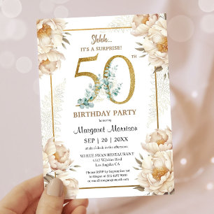 Invitation Fête 50e Anniversaire Elégant Peony Blanc Floral