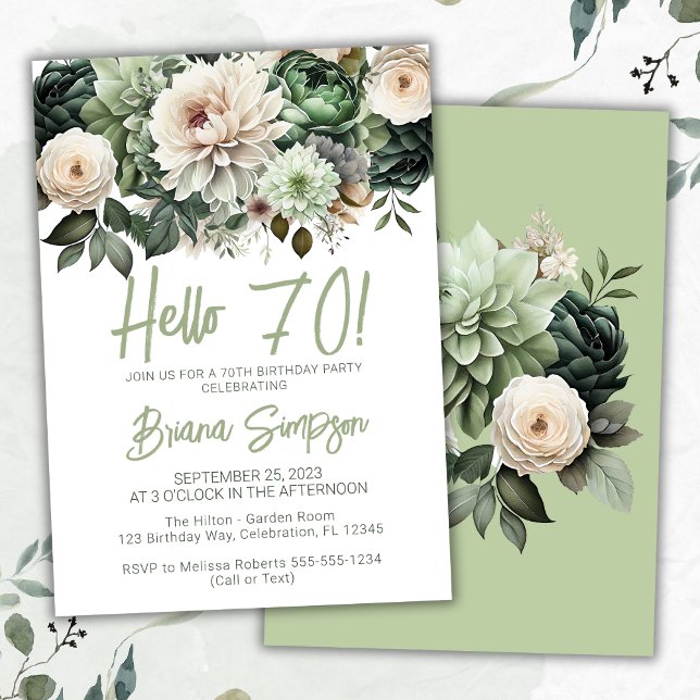 Invitation Fête 70 Ans Floral Vert Sauge (Créateur téléchargé)